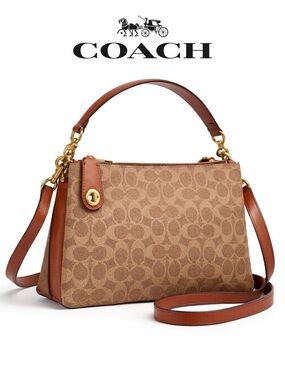 Coach Signature Monogram Double Zip Crossbody Shoulder Bag Brown Leather Trim